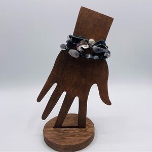 Bracelet Set of 3 Shell Bead Stretch Black Gray Glass Silver Tone Jewelry Casual